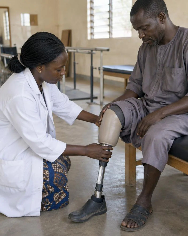 Une kinésithérapeute ajuste la prothèse de jambe d’un homme