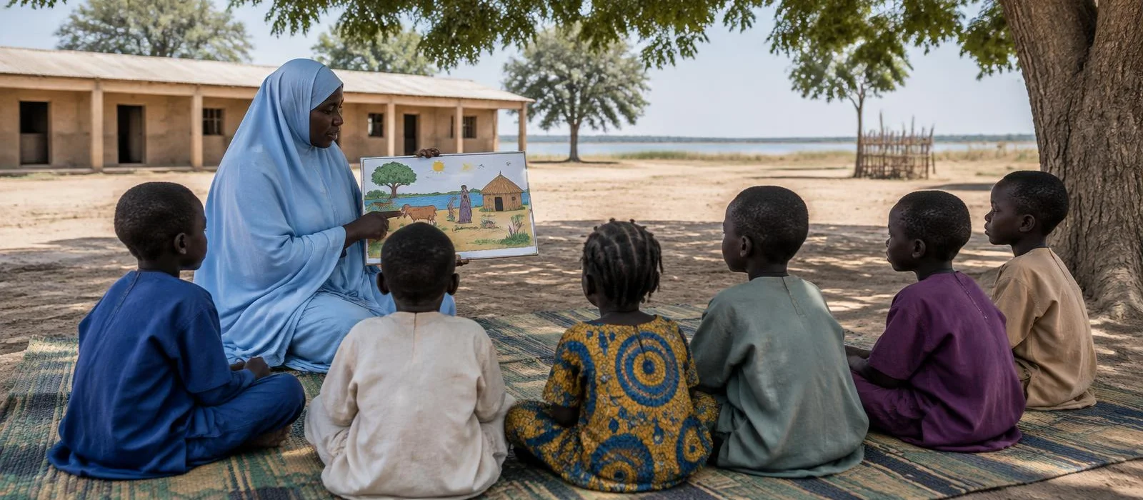 Une animatrice montre une planche illustrée à des enfants assis sur des nattes