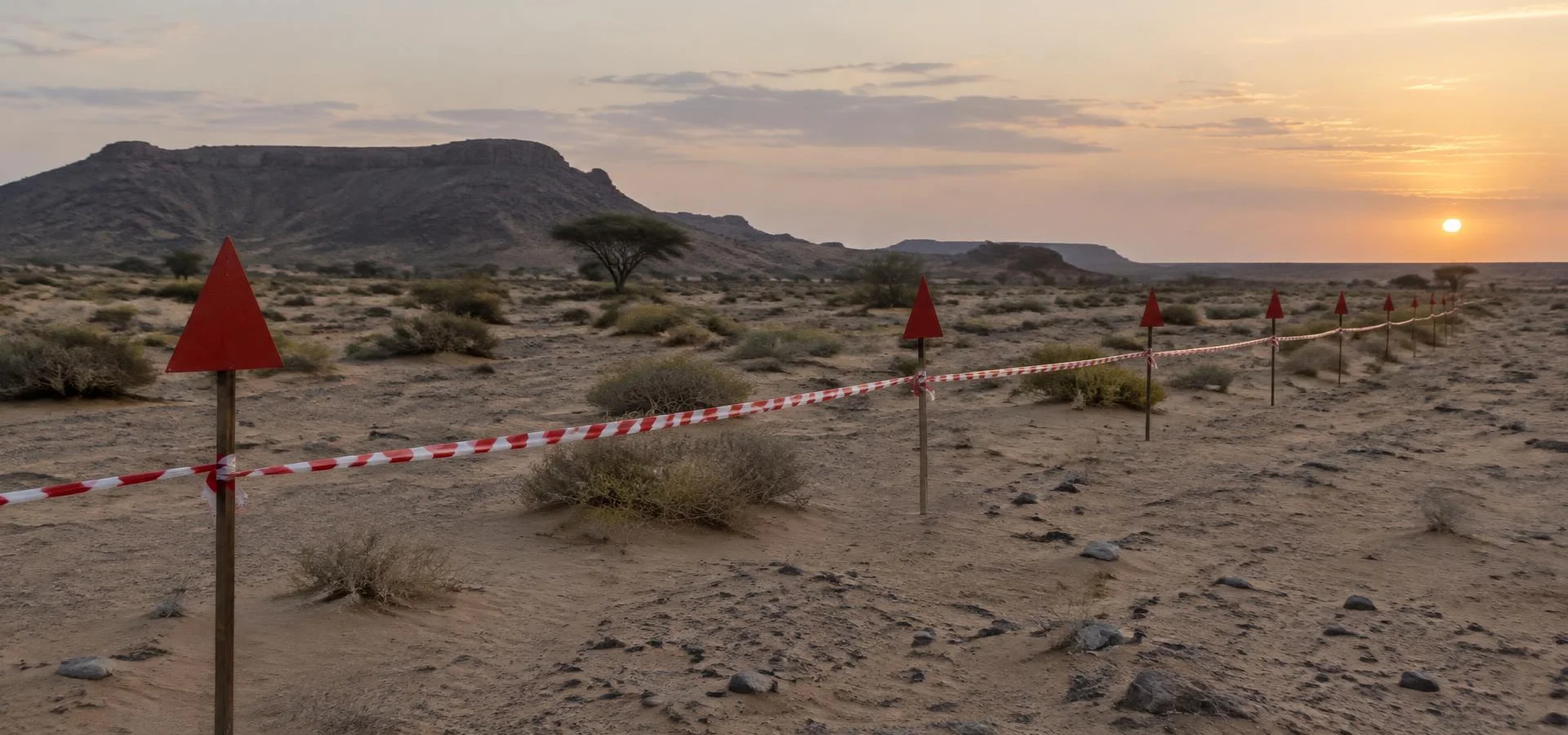 Zone balisée par des piquets et un ruban rouge et blanc