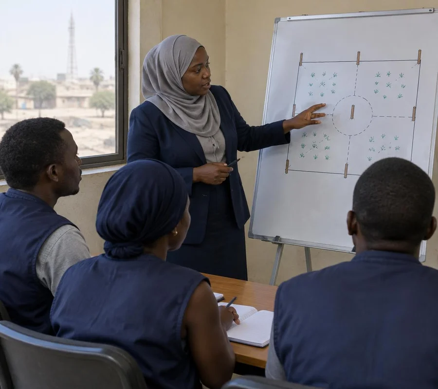 Une formatrice explique un schéma de balisage à des stagiaires