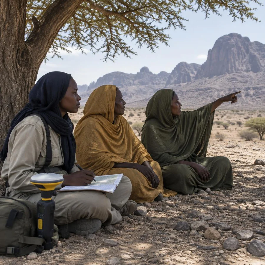 Une enquêtrice et deux femmes du Tibesti à l’ombre d’un acacia